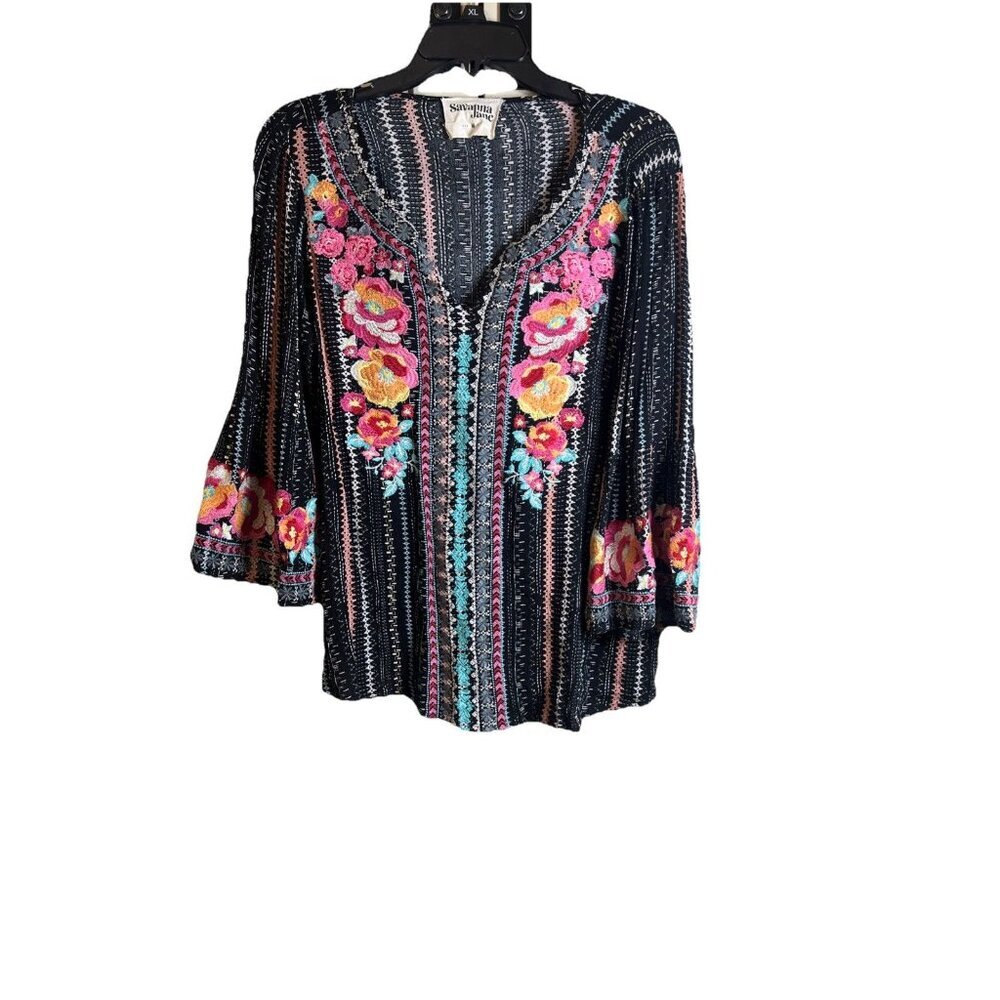 Savanna Jane Heavily Floral Embroidered Boho Bell Sleeve Tunic Women’s Medium